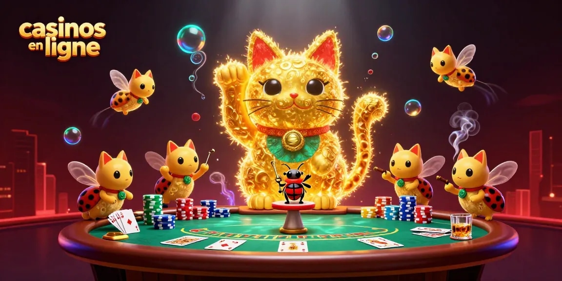 Jouez aux casinos en ligne avec un chat porte-bonheur lumineux entouré de cartes et de jetons.