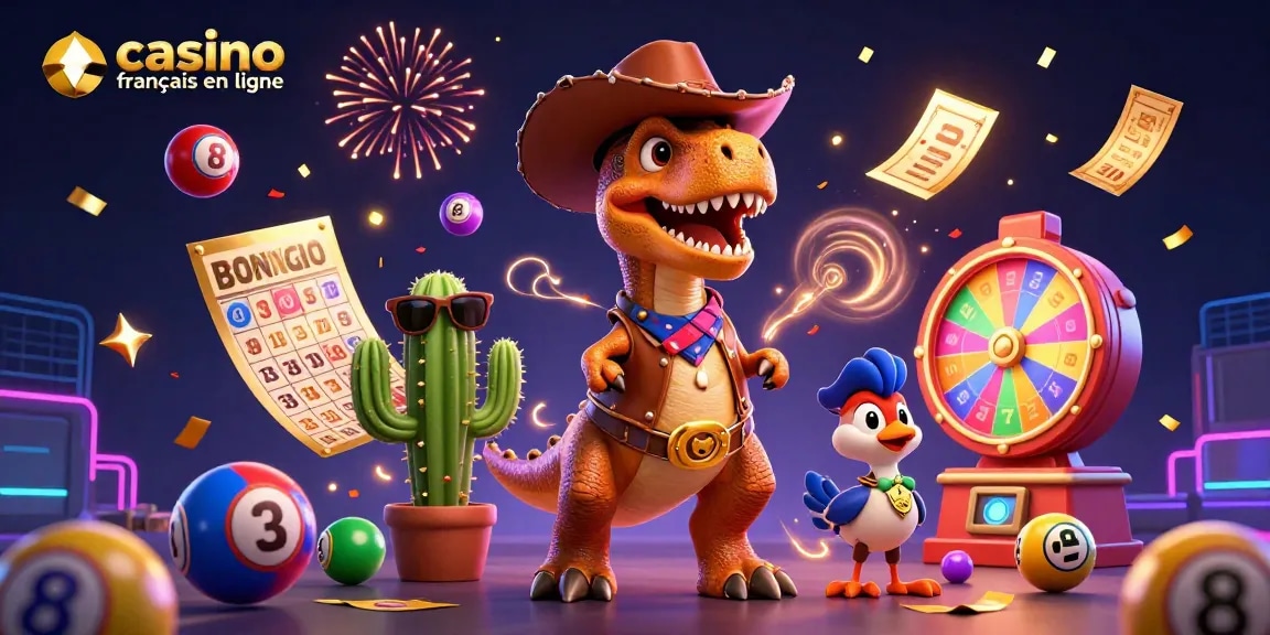 Plongez dans l'univers du casino français en ligne avec cette illustration dynamique du T-Rex cowboy.