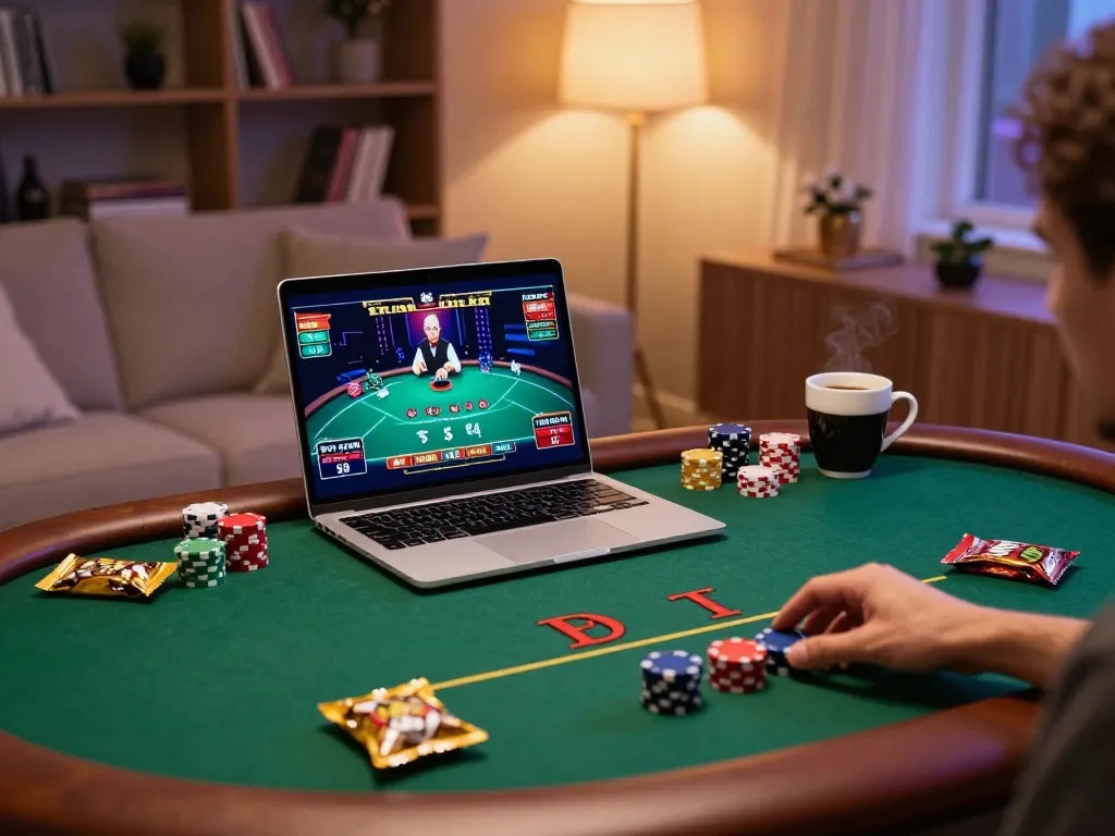Permainan poker online yang menarik di mau777 ditampilkan di laptop dalam suasana rumah yang nyaman.