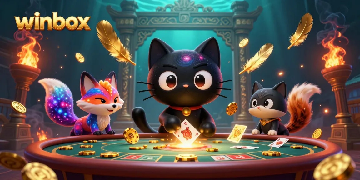 winbox cat engages players at a cosmic casino table with swirling golden chips.