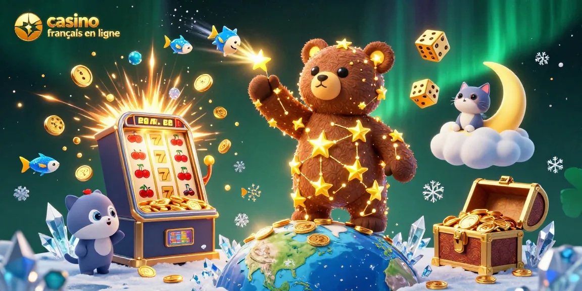 Jouer sur casino français en ligne avec une illustration 3D captivante, symboles de jackpots et d'animations.
