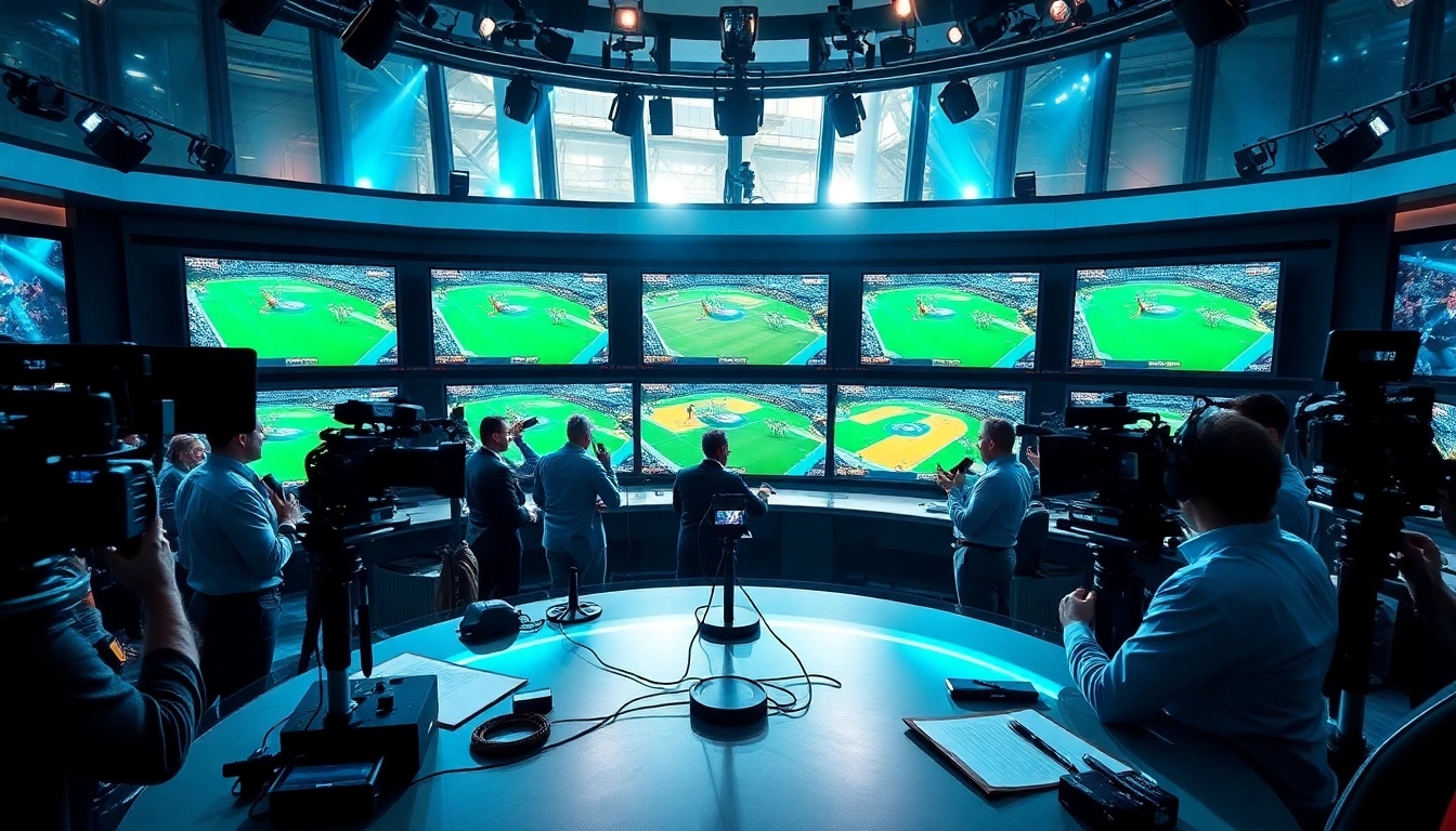 Engaging sports broadcasting scene showcasing reporters and live game coverage featuring vibrant energy.