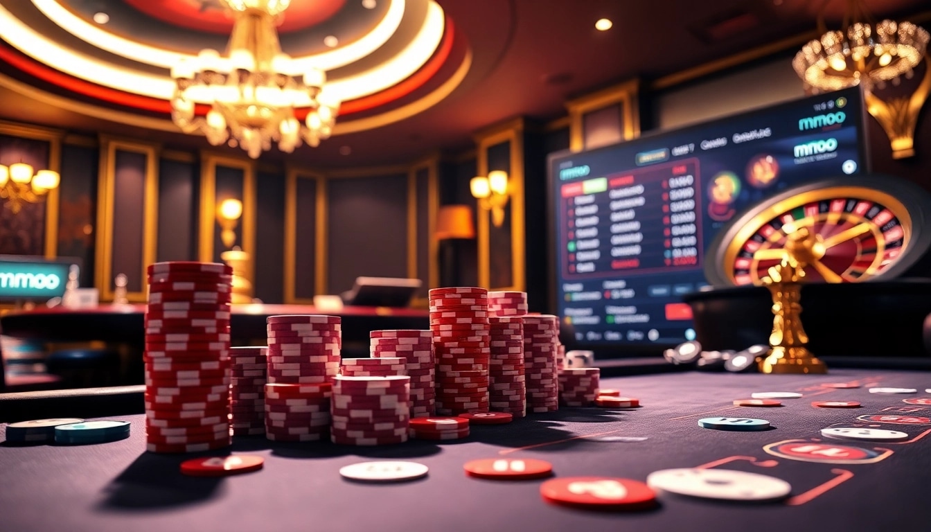 Play exciting poker at MMOO casino with vibrant chips and luxury ambiance.
