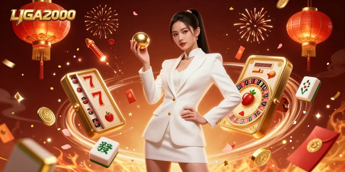 Pengalaman slot LIGA2000 menampilkan seorang wanita percaya diri yang memegang bola roulette dikelilingi oleh elemen kasino yang memikat.