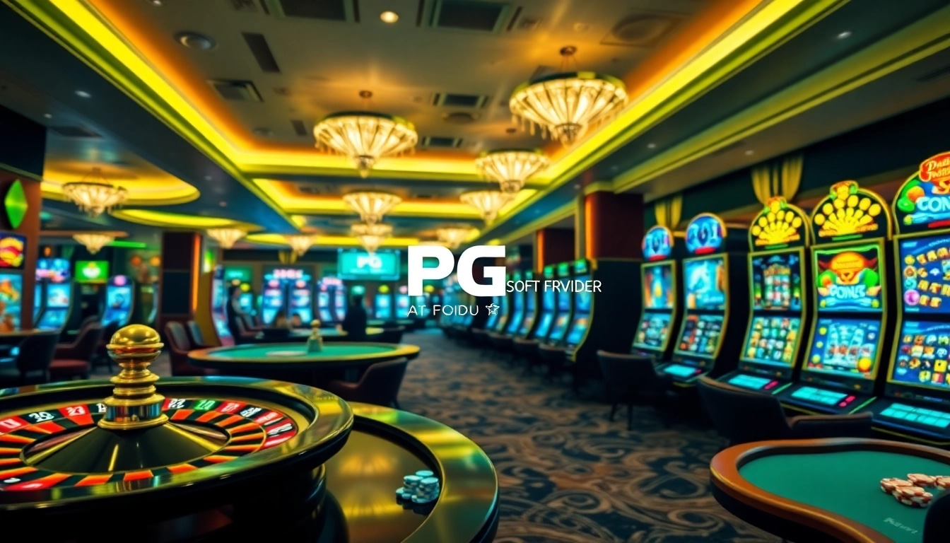 Experience the excitement of PG Soft Provider games with a dynamic casino scene featuring roulette and poker action.