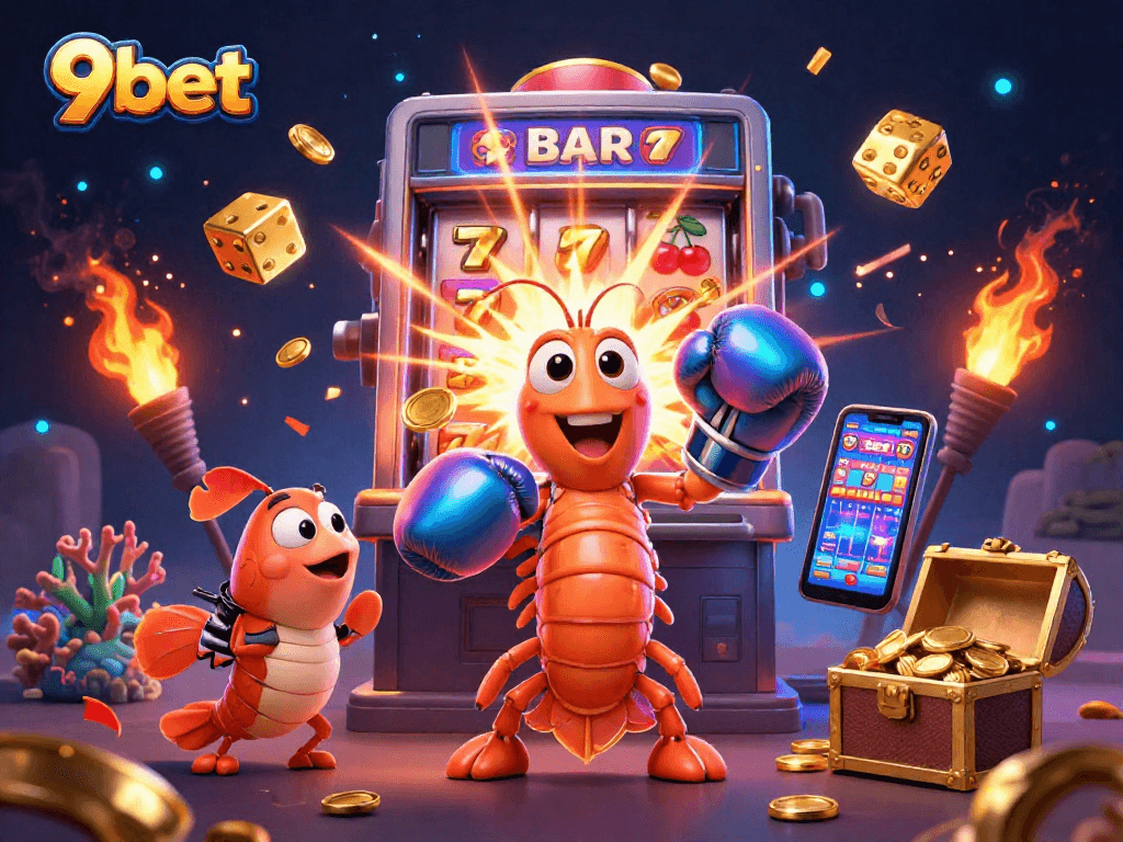 Win big with 9bet at a vibrant online casino scene featuring animated characters and sparkling jackpots.