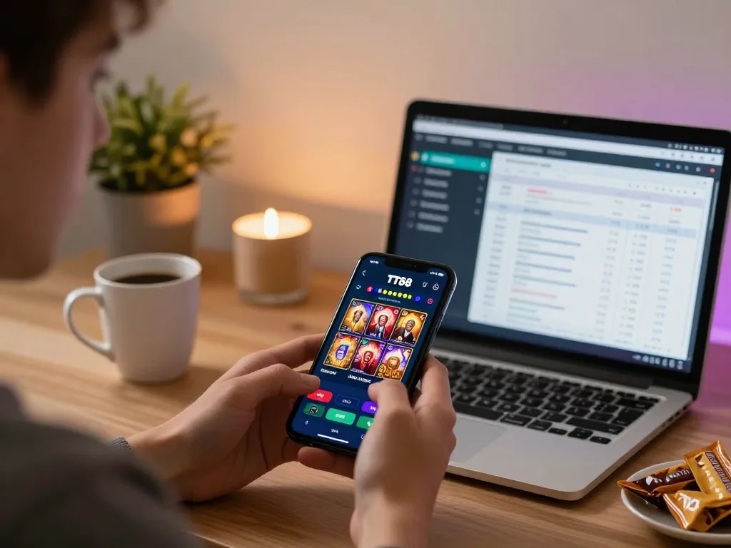 Player engaging with the TT88 app on smartphone screen, showcasing modern online gaming atmosphere and responsible betting