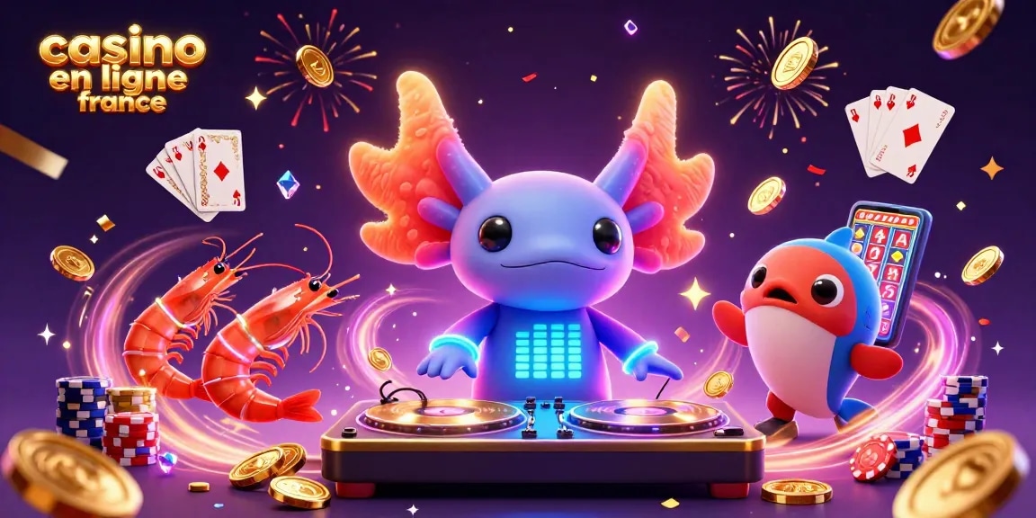 Jouez sur des casinos en ligne France, un DJ axolotl et ses amis animent une scène festive remplie de pièces d'or.