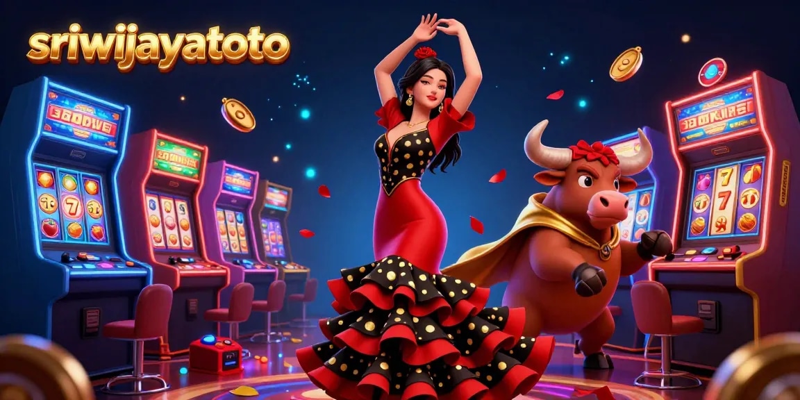 sriwijayatoto captures the thrill of online gaming with a flamenco dancer, fighting bull, and vibrant casino elements.