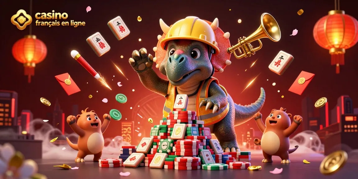 Plongez dans le monde du casino français en ligne avec un triceratops construisant une pyramide de jetons de poker en célébrant.
