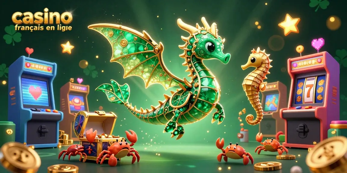 Plongez dans le monde du casino français en ligne avec un dragon marin et un coffre au trésor fascinant.