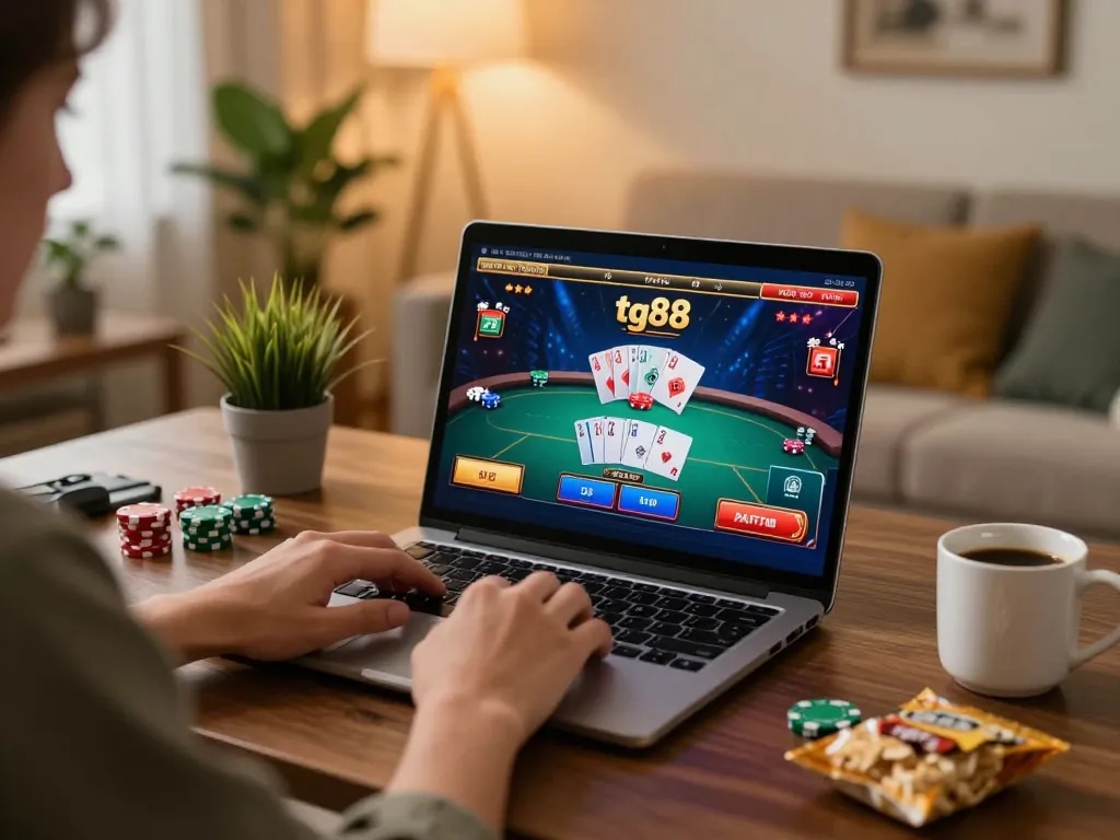 Player enjoying tg88 bet online in a cozy home setup with poker game displayed on laptop