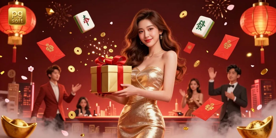 Engage with pg soft themed casino fun, featuring a joyful woman celebrating alongside festive gaming elements.