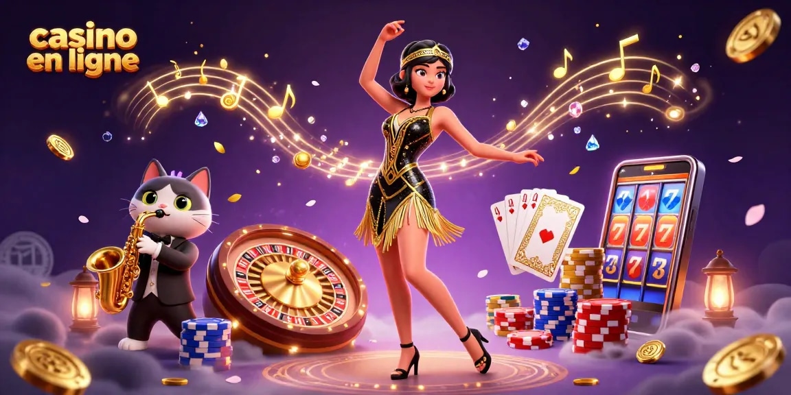 Découvrez le casino en ligne avec une scène dynamique mettant en avant une femme dansante et un chat jouant du saxophone au milieu des éléments de jeu.