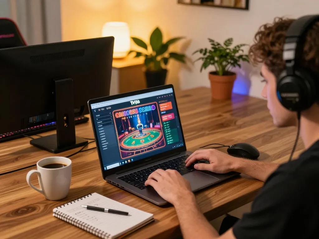 Player engaging with TV88 online casino on a laptop while studying strategy notes