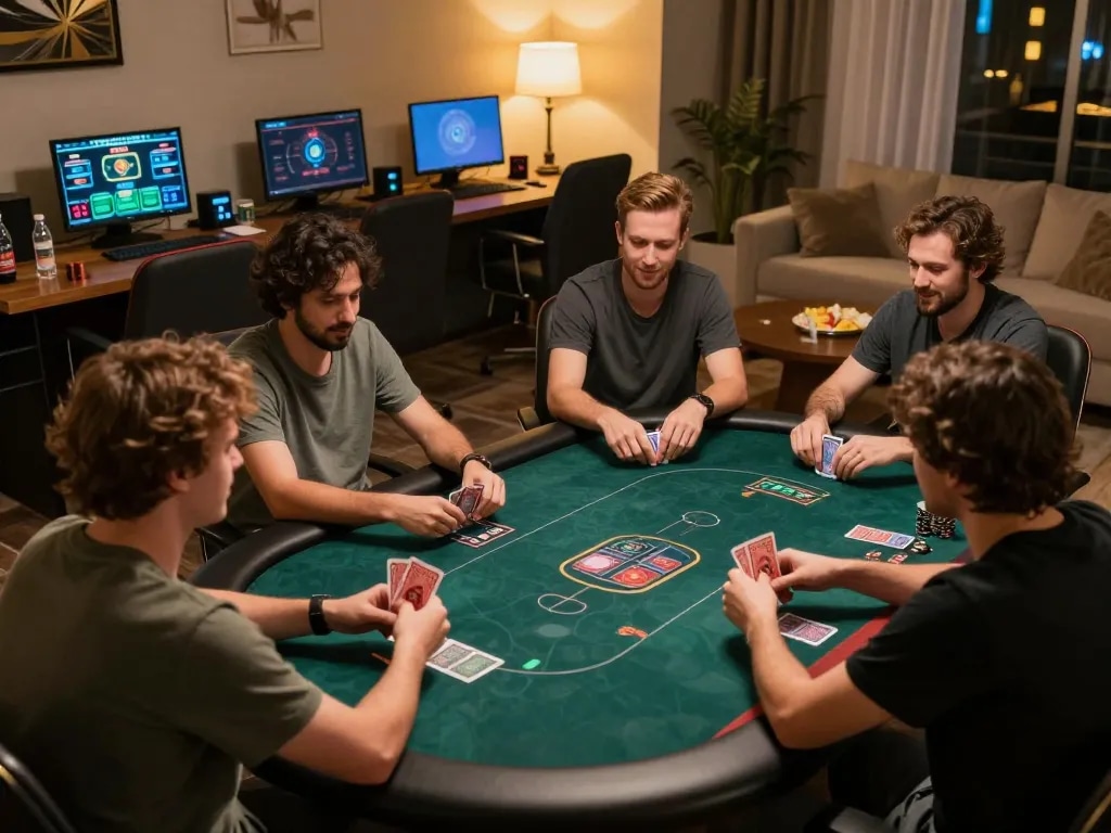 Players engaged in an exciting online poker game at fb88, displaying vibrant gaming interfaces and enthusiastic expressions