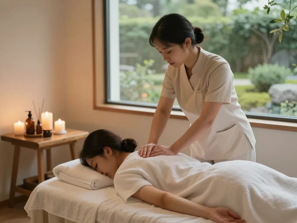 Relaxing 잠실스웨디시 massage scene in a serene wellness spa.