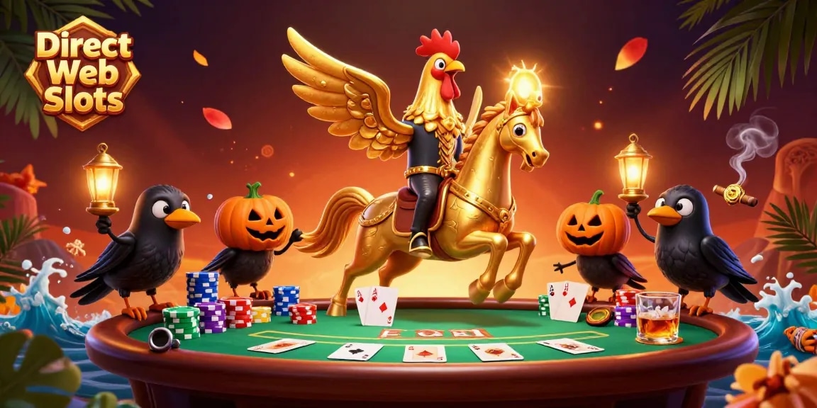 Engage with Direct Web Slots as a golden rooster leads a casino adventure amidst dazzling elements.