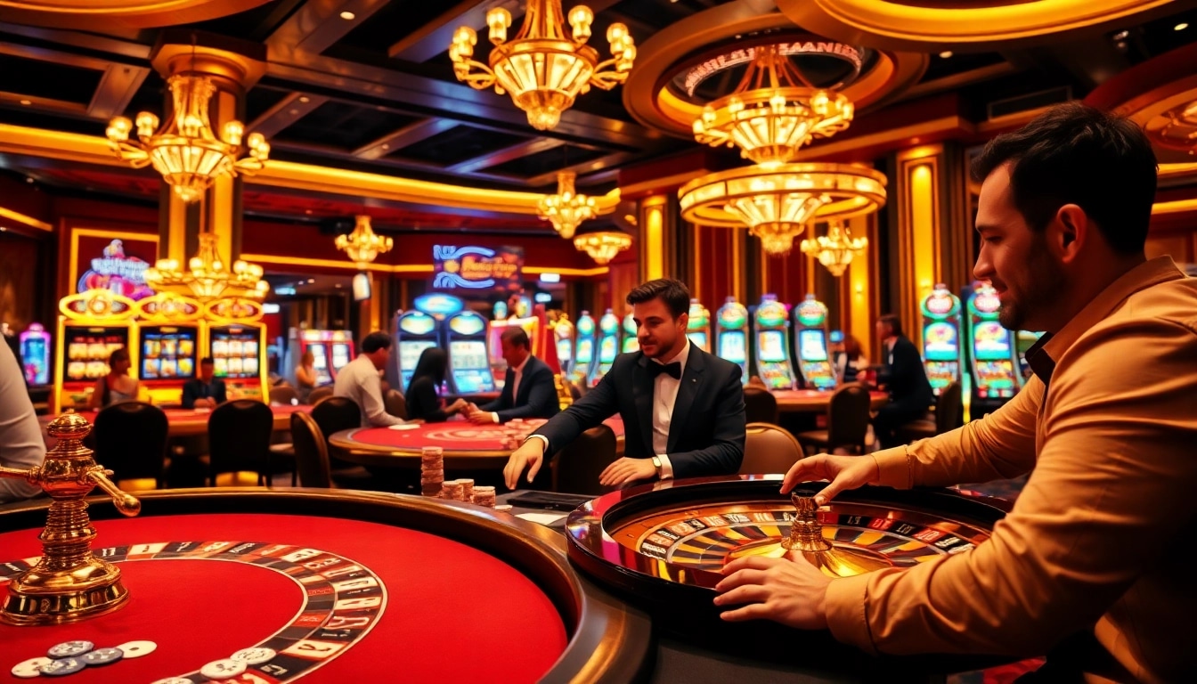 Une scène représentant une action de jeu animée aux meilleurs casino en ligne avec des jetons de poker, une roue de roulette et des machines à sous.