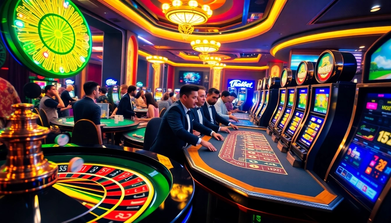 Thrilling gaming action at Thabet77 casino with excited players around a blackjack table.