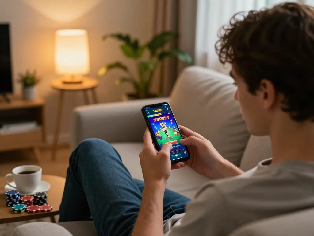 Player engaging with the 789BET app on smartphone, showcasing mobile gaming excitement in a cozy home setup.