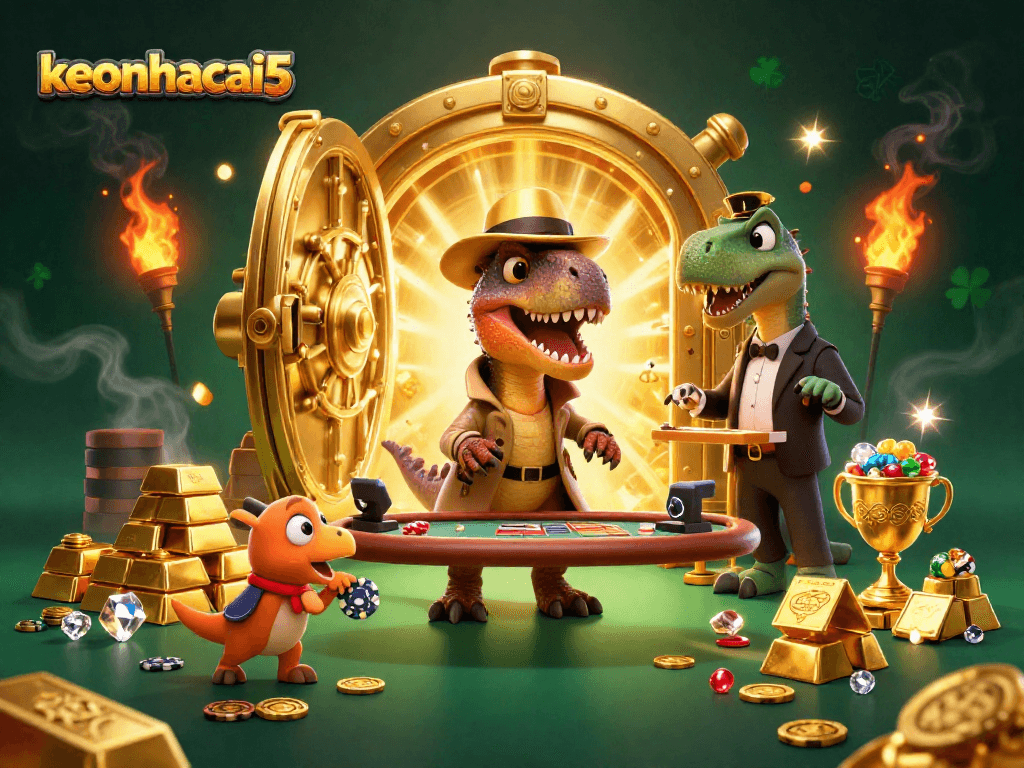 Experience the thrilling action of keonhacai5 with a cartoon velociraptor at a blackjack table, surrounded by dazzling gold and jewels.