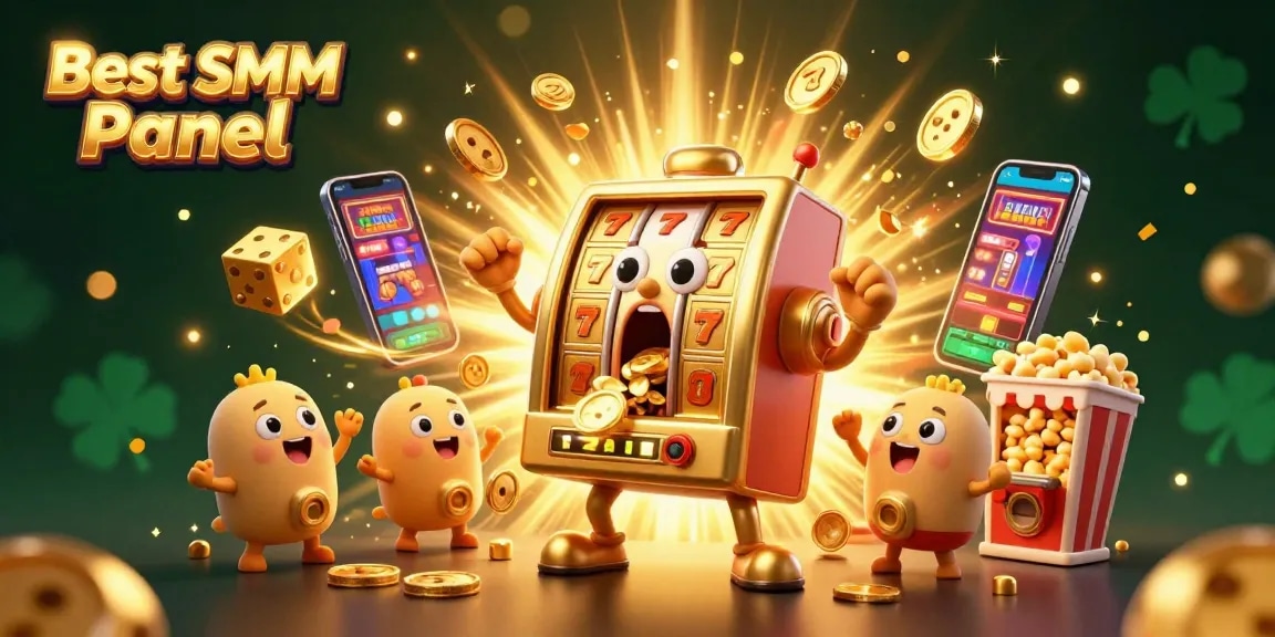 Engaging slot machine scene showcasing the Best SMM Panel with lively characters celebrating a jackpot.