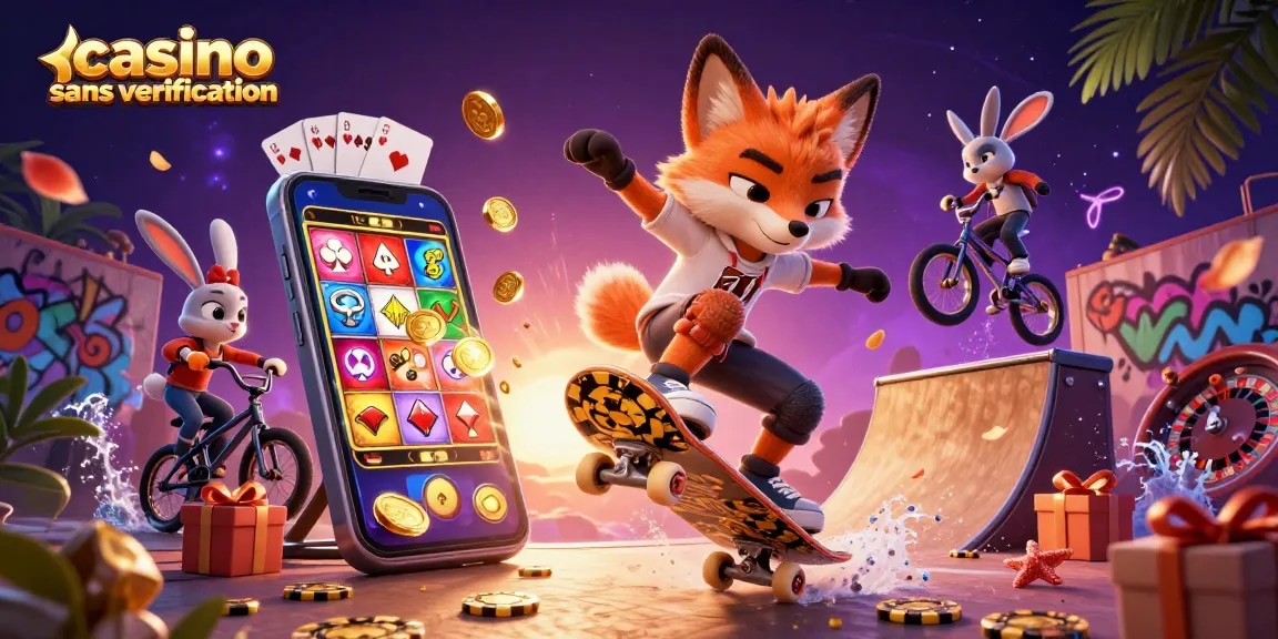Animation de casino sans vérification avec un renard et un lapin, machines à sous et jetons.