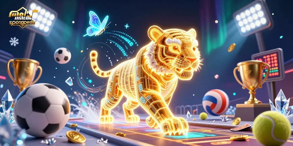 Pariez sur le meilleur site de paris sportif avec un tigre doré et des ballons de sport au milieu d'un paysage virtuel.