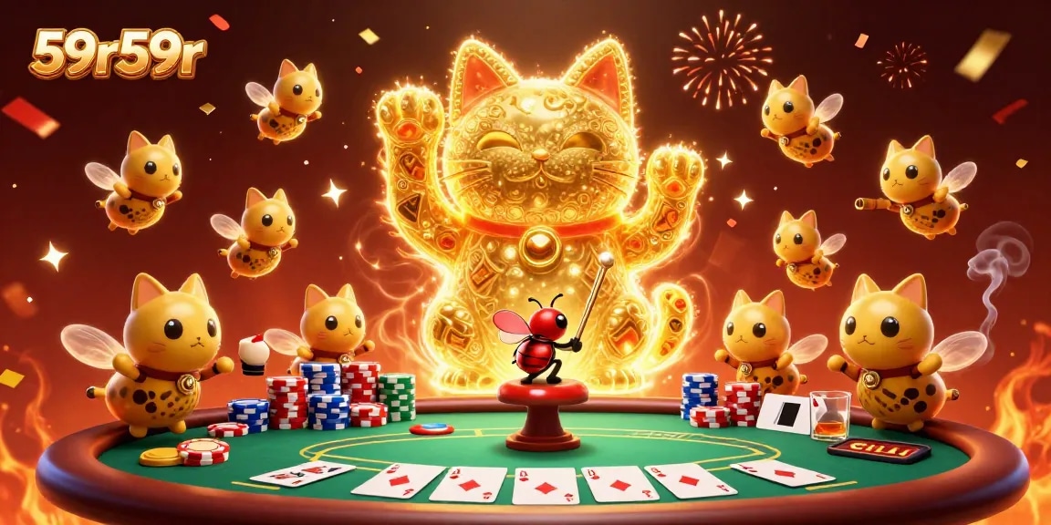 Os iluminadores de sorte 59r59r encantam em cena de cassino com cartas e fichas vibrantes.