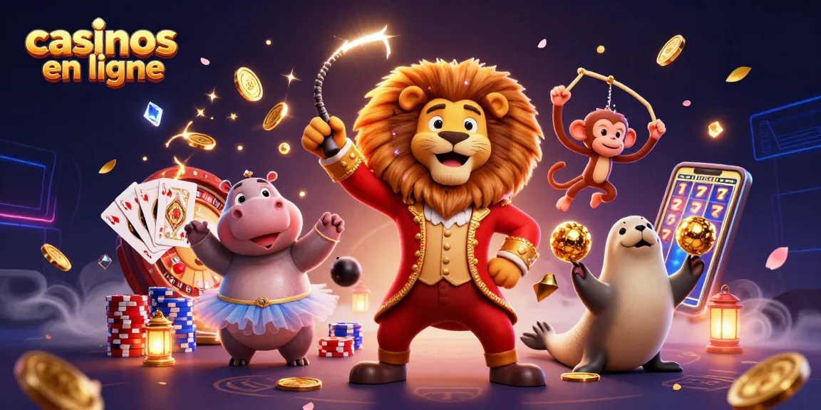 Visuels captivants de casinos en ligne avec un lion, un hippopotame et un singe, entourés de jetons et de pièces.