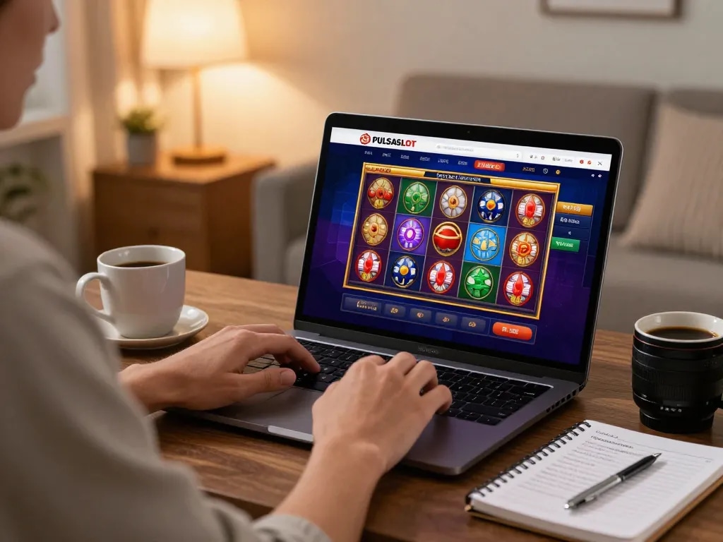 PULSASLOT gaming scene with vibrant slot interface and player focused on online play.