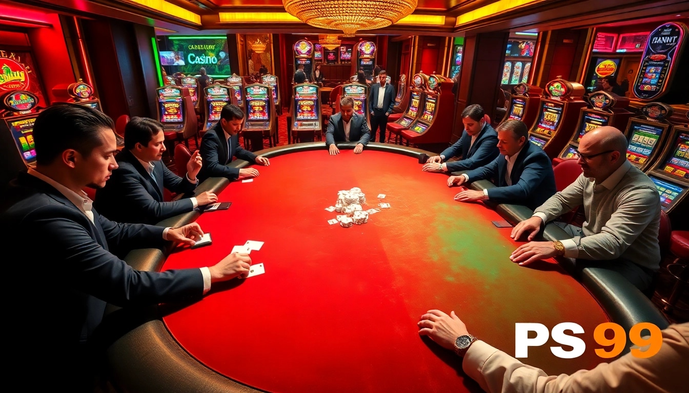 Players enjoying a high-stakes poker game at PS99 casino with vibrant slot machines illuminating the background.