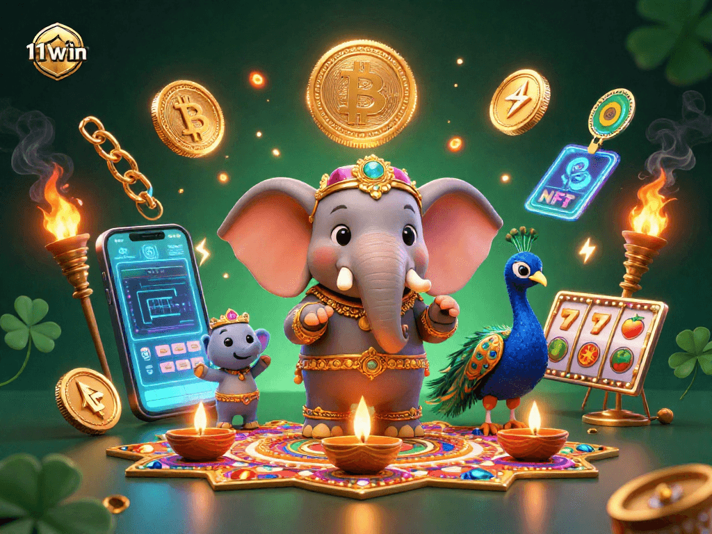 Experience the vibrant world of 11win with a Diwali-themed casino illustration featuring crypto coins.