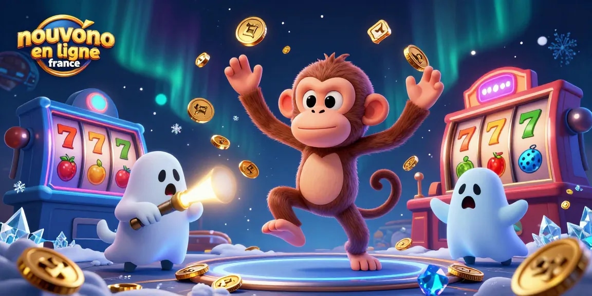 Illustration dynamique d'un nouveau casino en ligne France avec un singe poltergeist et un chiot chasseur de fantômes