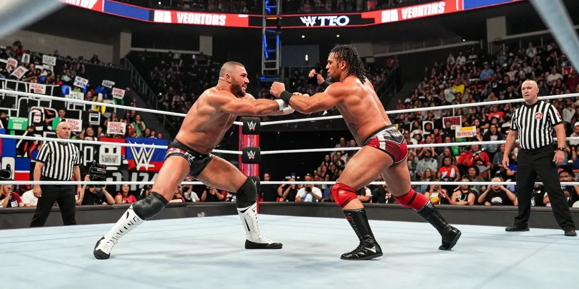 WWE wrestling match with two Superstars battling in an arena, dynamic action captured in vibrant colors.