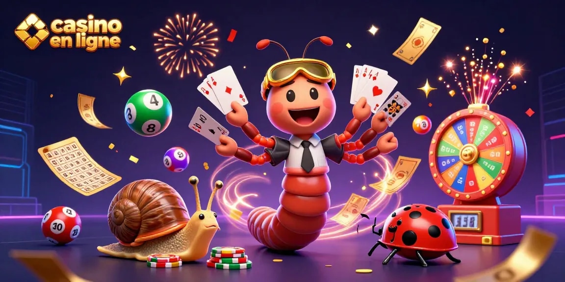 Jouez au casino en ligne avec cette illustration dynamique et colorée, mettant en scène des personnages amusants avec des cartes et des jetons.