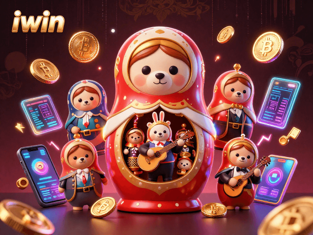 Experience iwin excitement with a vibrant casino scene featuring playful bears and crypto elements.