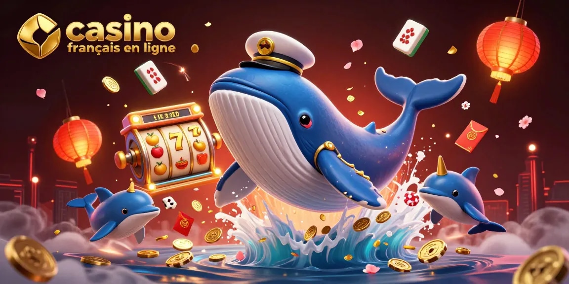 Illustration dynamique d'un casino français en ligne avec une baleine et des dauphins jouant avec des jetons.