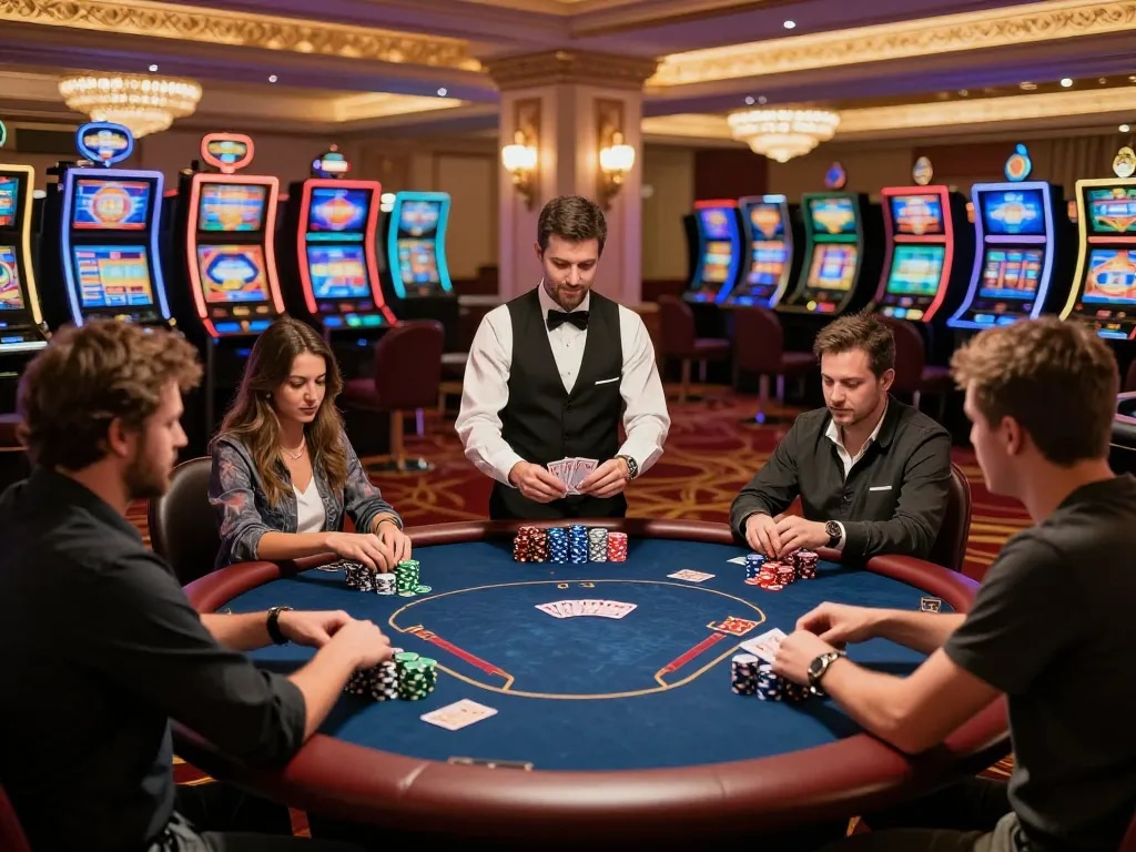 king33 players strategizing at a lively poker table in an upscale casino environment