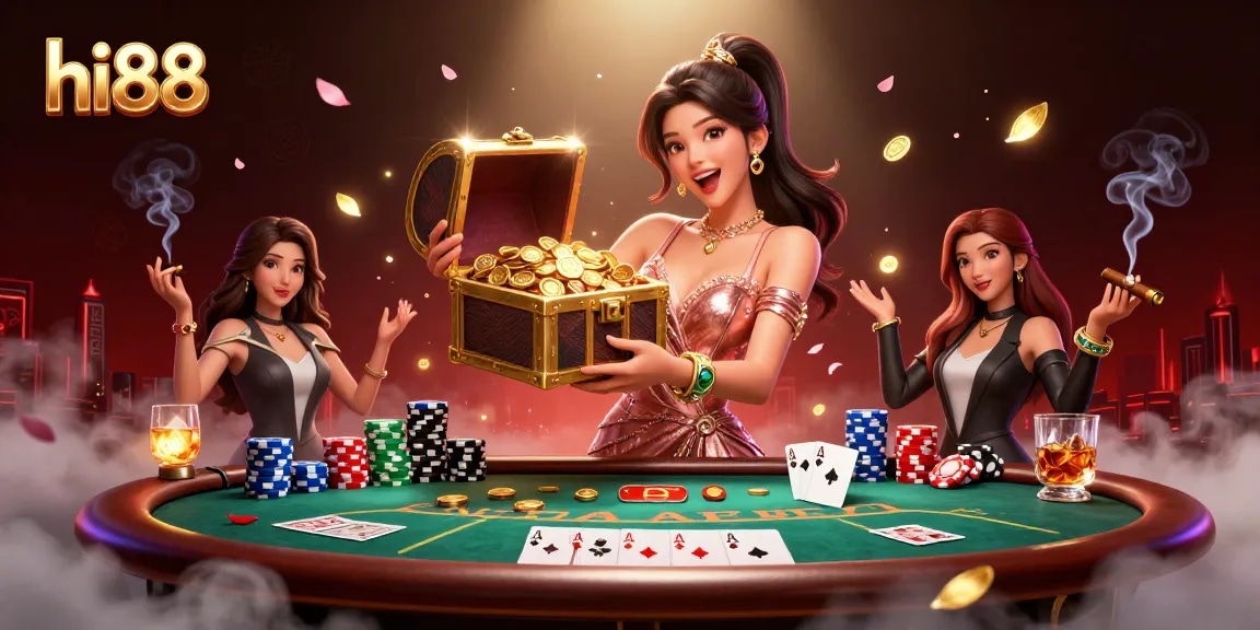 Experience excitement with hi88 at a vibrant casino scene filled with poker chips and treasures.