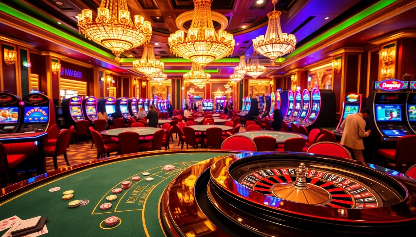 Experience the excitement of MM88 with a luxurious casino scene featuring vibrant gaming tables and thrilling gameplay.
