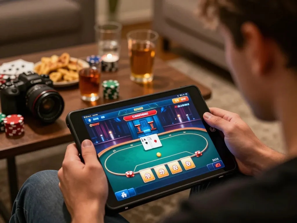 Engaged player using BUKA77 app for an exciting online poker session at home.