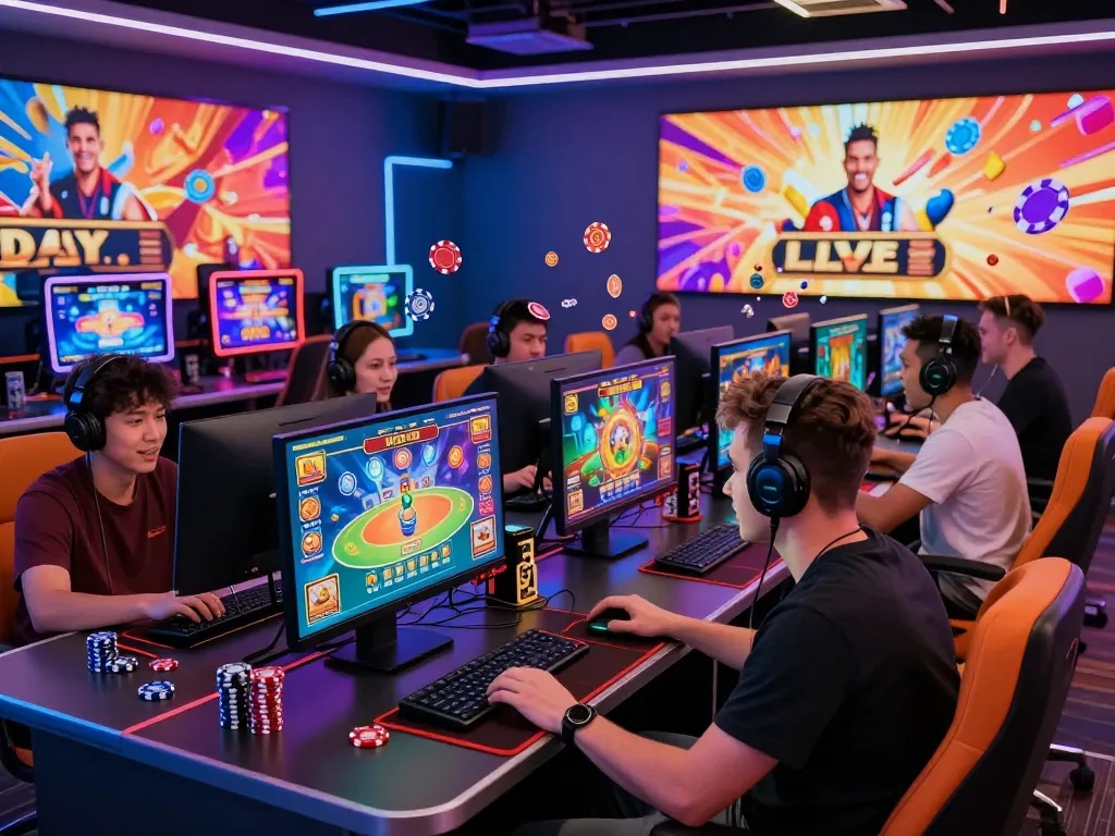 Players engaged in SC88COM online gaming with vibrant interfaces and energetic atmosphere.