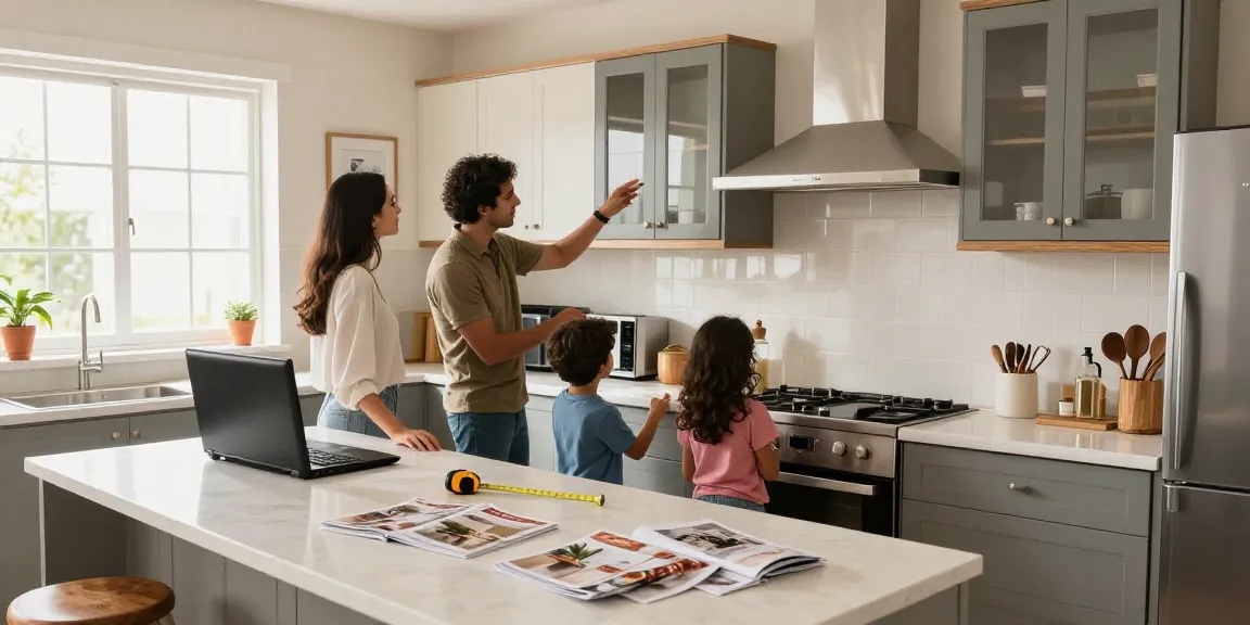 شراء مطابخ مستعملة بالرياض with a family exploring pre-owned kitchen options in a bright, modern setting.