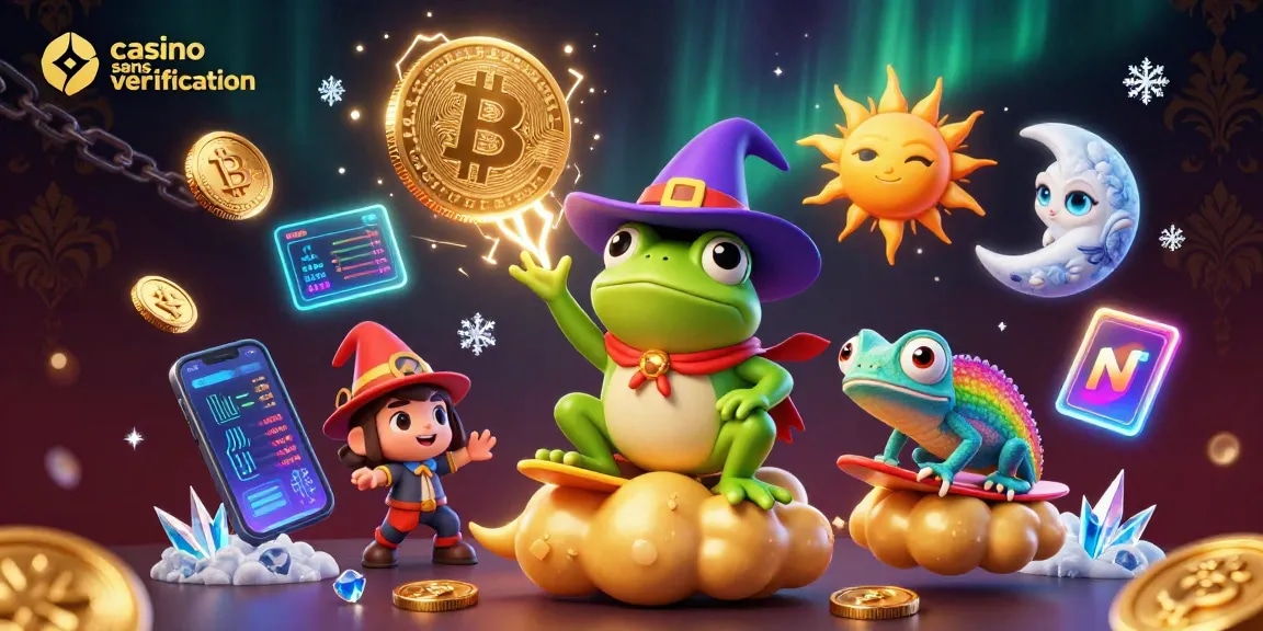 Jeu de casino sans vérification : des personnages ludiques et des pièces de crypto-monnaie créant une ambiance dynamique.