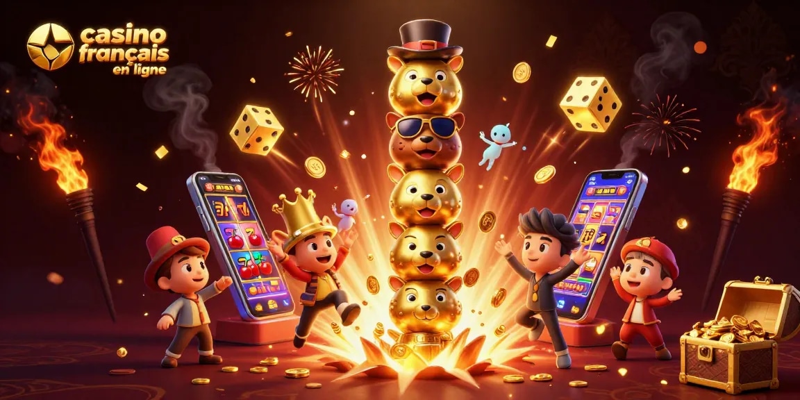 Une illustration colorée de casino français en ligne montrant un totem en or avec des visages animés et des machines à sous