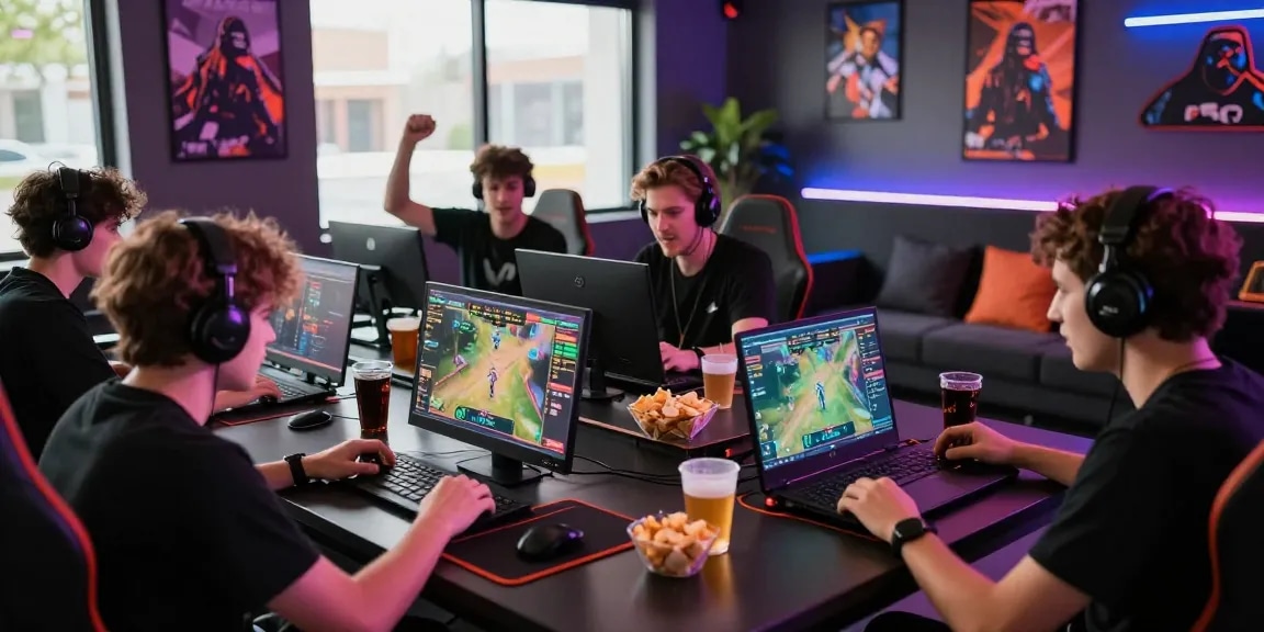 Players engaged with shbet platform during an exciting esports betting event in a lively gaming room.