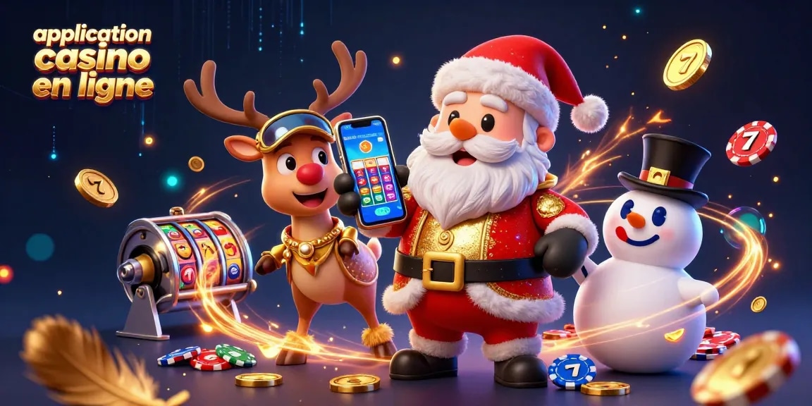 Illustration colorée d'application casino en ligne avec des personnages de Noël et des éléments de jeu.