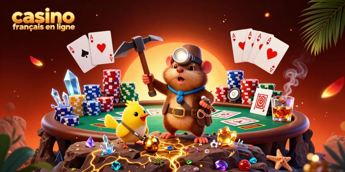 Jouer dans un casino français en ligne avec des trésors et des éléments de poker colorés.